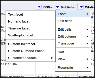 OpenRefine menus showing facet options
