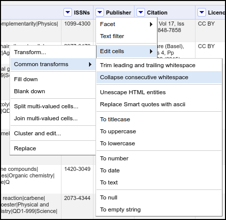 OpenRefine menus showing cell transformation options