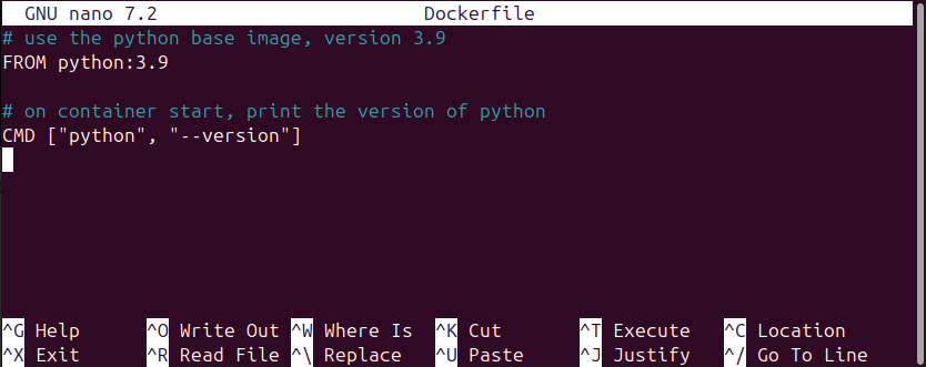 terminal window showing contents of Dockerfile in nano editor