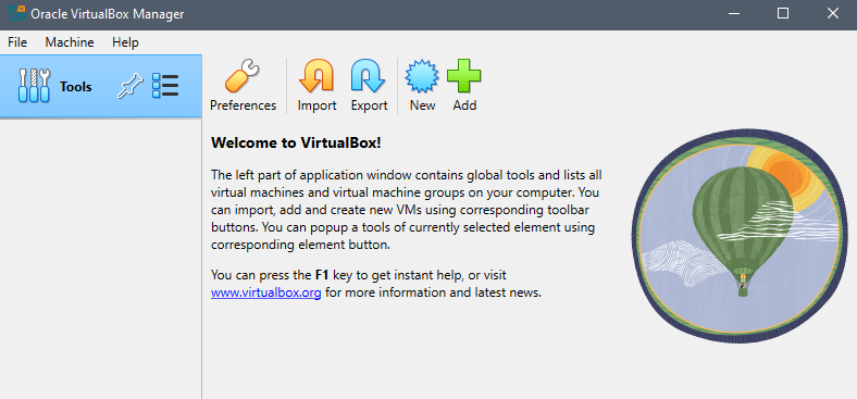 The VirtualBox main window showing toolbar icons and the text Welcome to Virtualbox