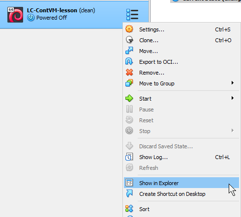 A VirtualBox menu showing a list of VM options with the Show in Explorer entry selected