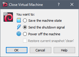 A dialog window showing the options "save the machine state", "send the shut down signal", "power off the machine"