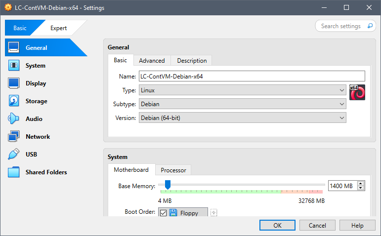 A VirtualBox window showing various settings in a tabbed interface