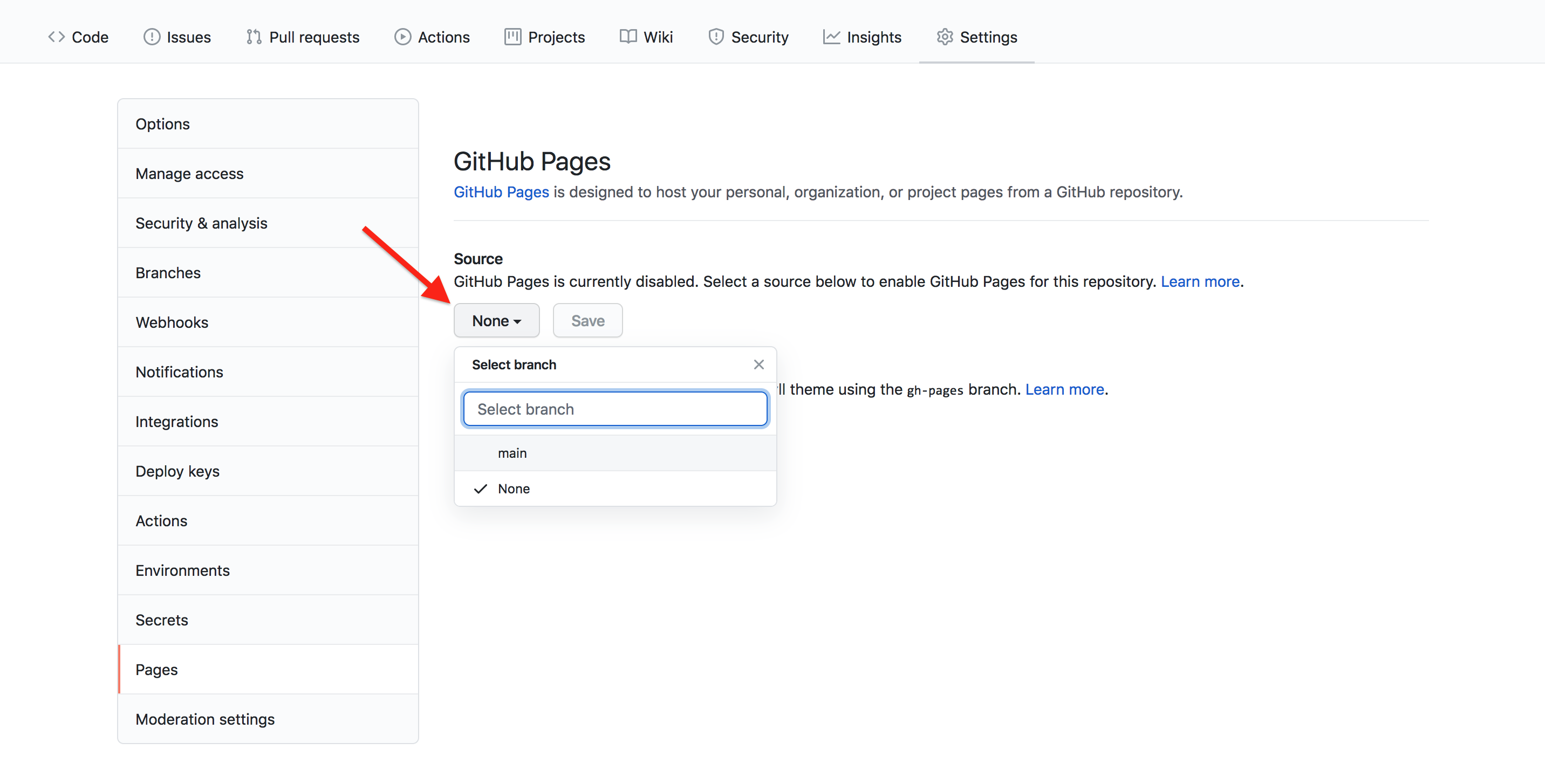 GitHub Pages source branch menu