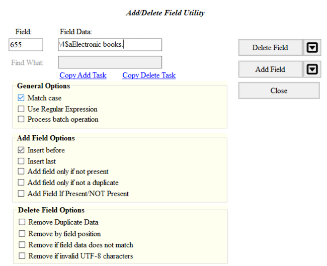 MarcEdit completed Add/Delete Field dialog