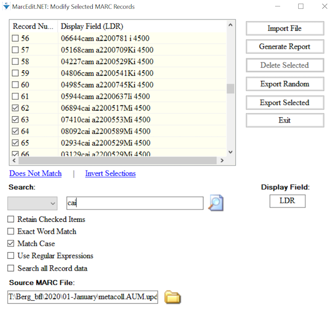 MarcEdit completed Select Records for Edit dialog