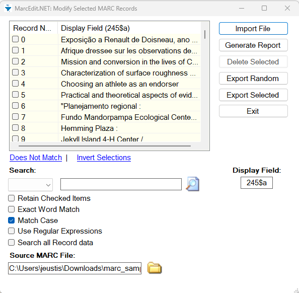 MarcEdit completed Select Records for Edit using the MARC field 245 dialog