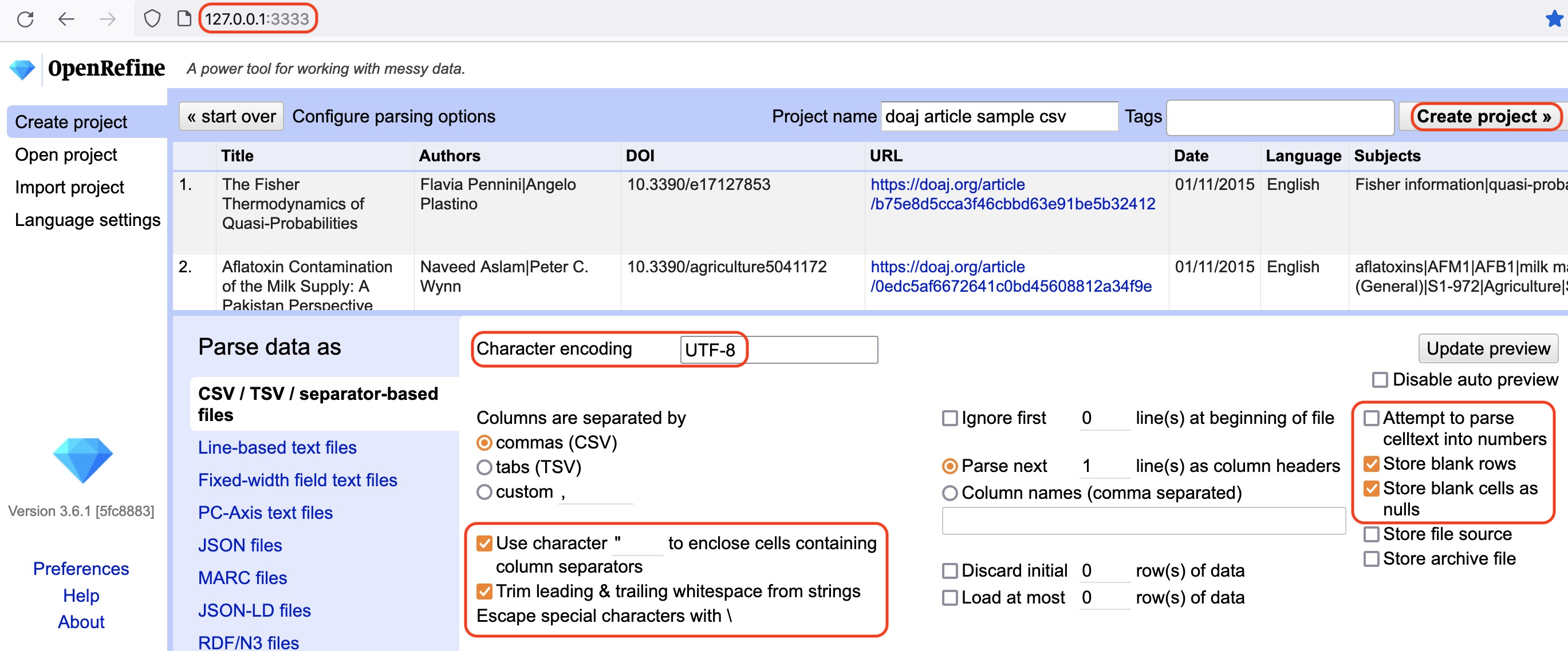 OpenRefine Create Project screen, with highlights for the address bar, mentioned settings and the Create Project button.