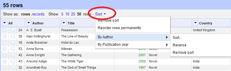 Note the addition of a menu called Sort which appears after your first sort command. It follows the number of rows displayed.