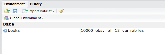 RStudio environment pane showing one object 'books' with 10000 observations of 12 variables
