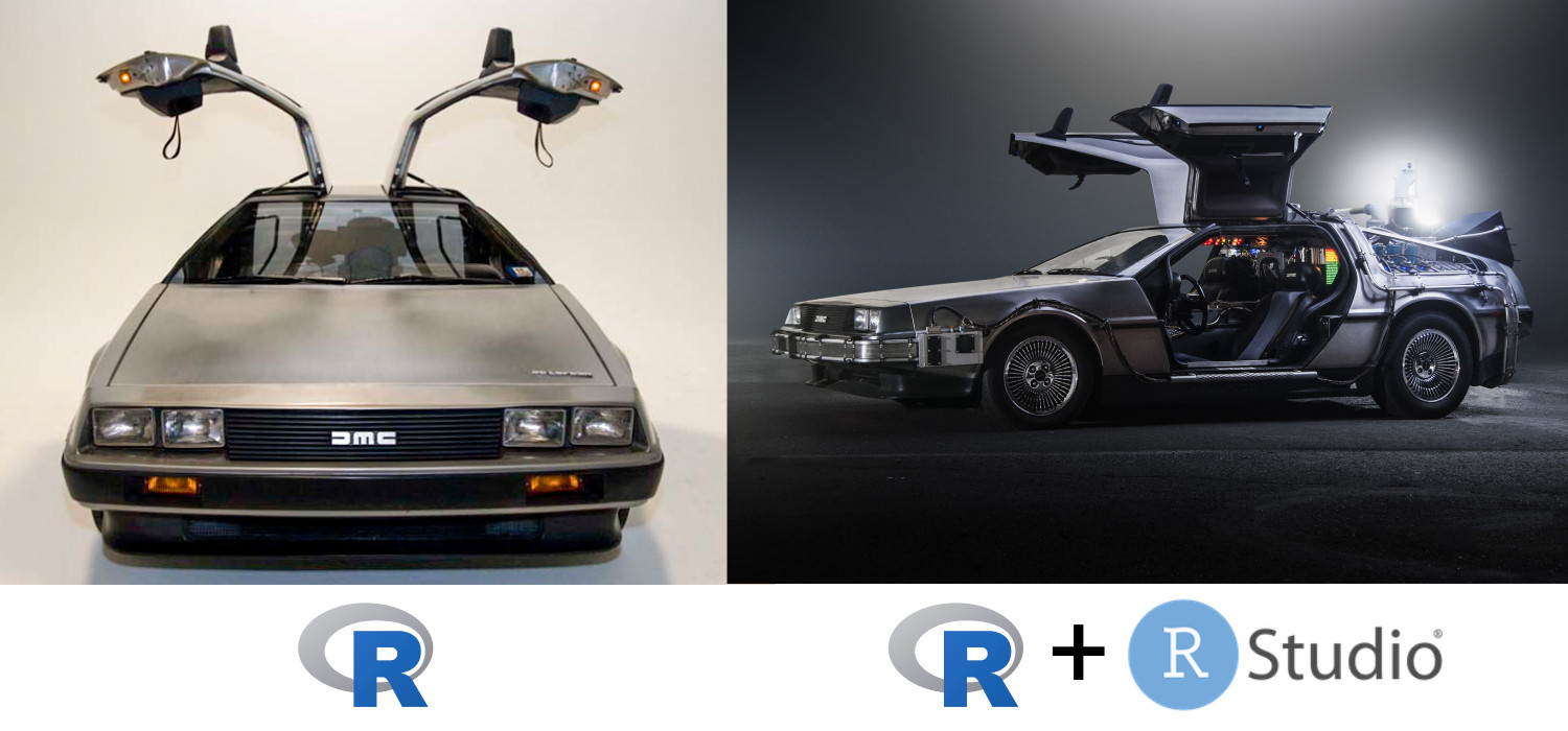 Two images of a DMC Delorian: left is a standard model and on the right is one that has been modified into the time machine from 'Back To The Future'
