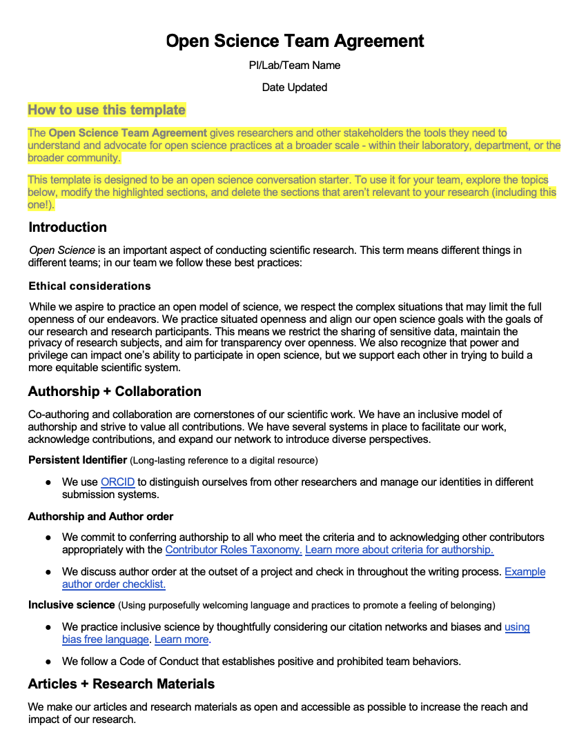 A screenshot of the open science team agreement template that can be accesses in a .docx form via Zenodo