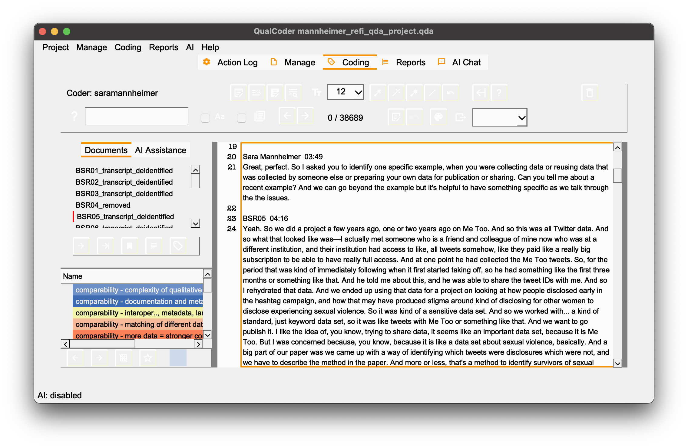 Image of QualCoder with document BSR_05 open to the 03:49 timestamp in coding view