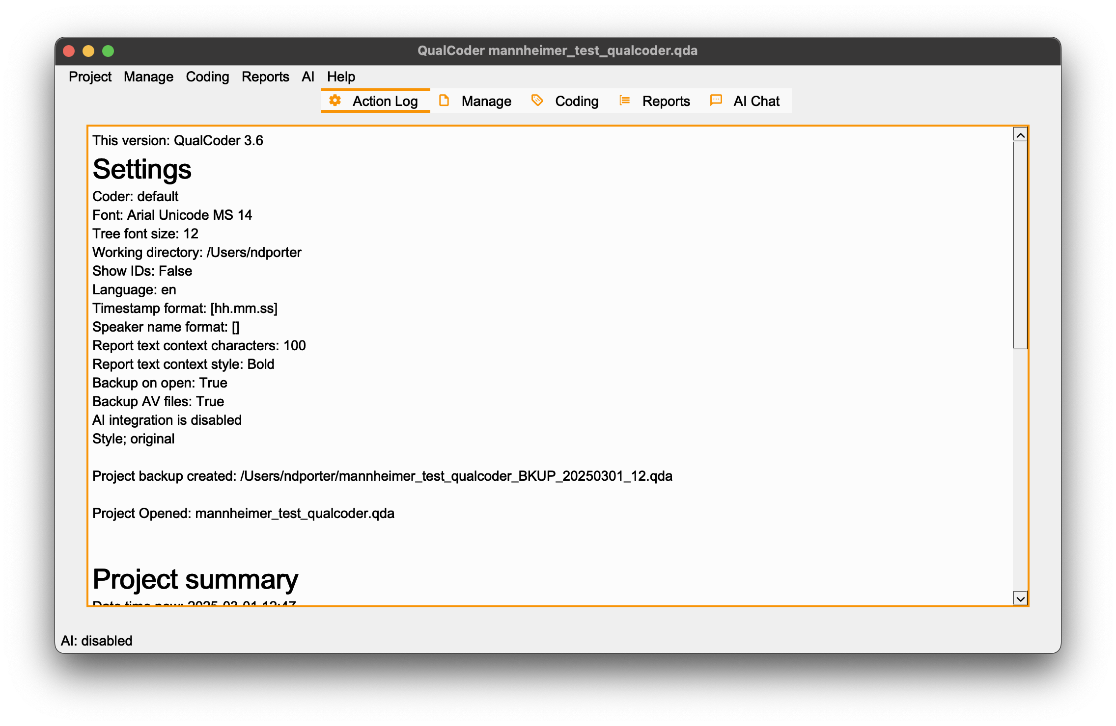 Image of the Action Log tab of QualCoder immediately after the program is launched