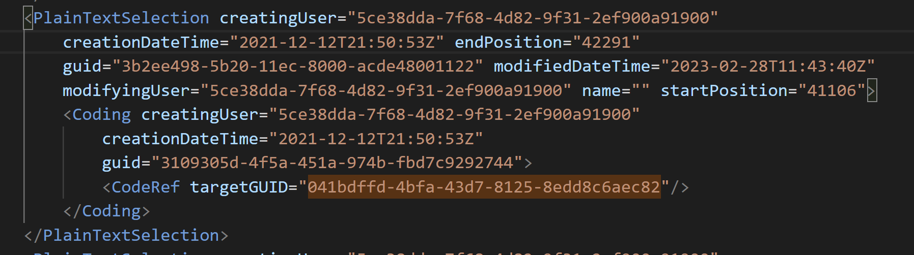 Image of a section of the REFI-QDA XML that shows a single code. It defines the use assigning the code, the time, and its start and end point. Most properties are defined using long alphanumeric strings (uuids)