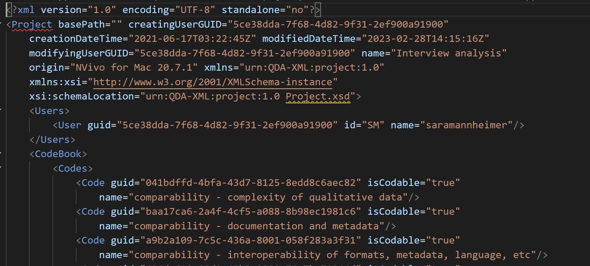 Image of the top section of the XML file of a REFI-QDA project, showing a section called 'Project' with the user (Sarah Mannheimer) and software (NVivo) defined, followed by a section called 'Codebook' with a number of codes